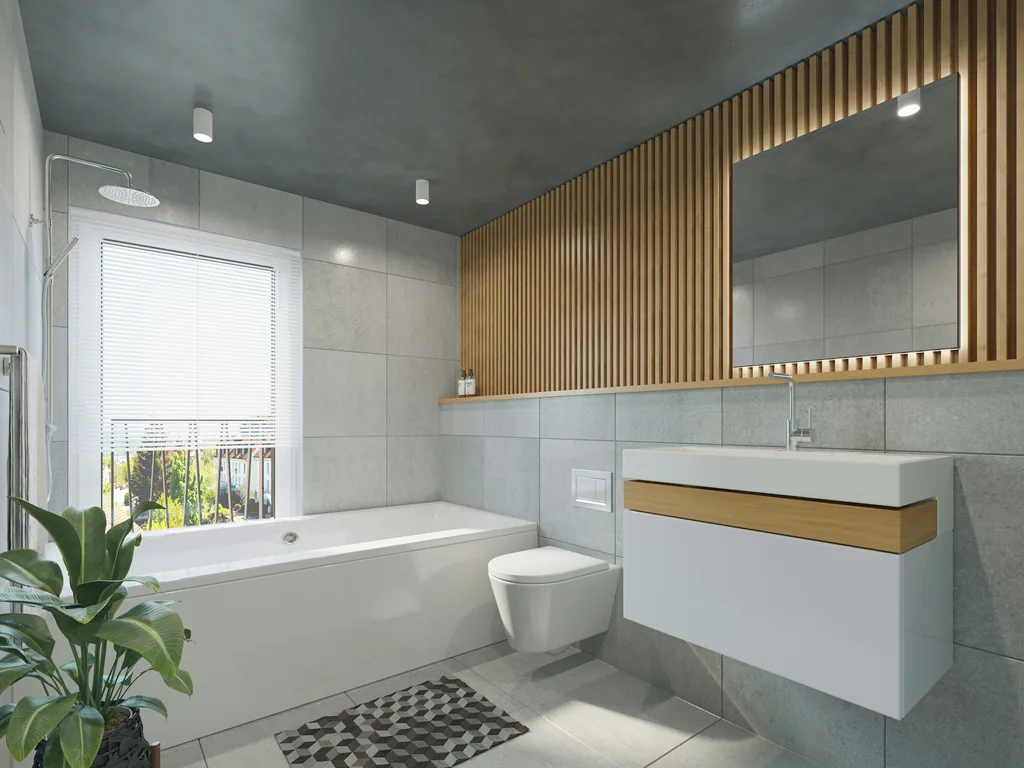 Modern bathroom with slatted oak wall, floating vanity and large-format stone tile