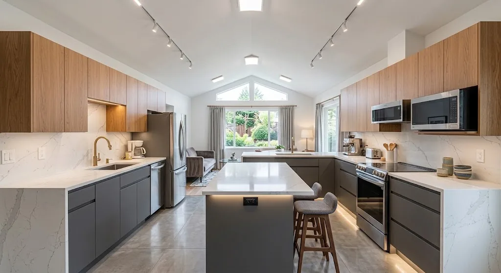 Renovated kitchen with walnut and graphite cabinetry, marble-look quartz waterfall counters and track lighting under the vaulted ceiling