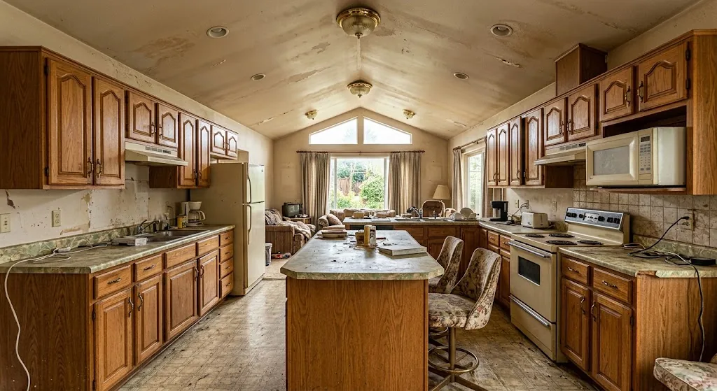 Original 1990s kitchen with oak cabinets, laminate counters, peeling ceiling and worn vinyl floor