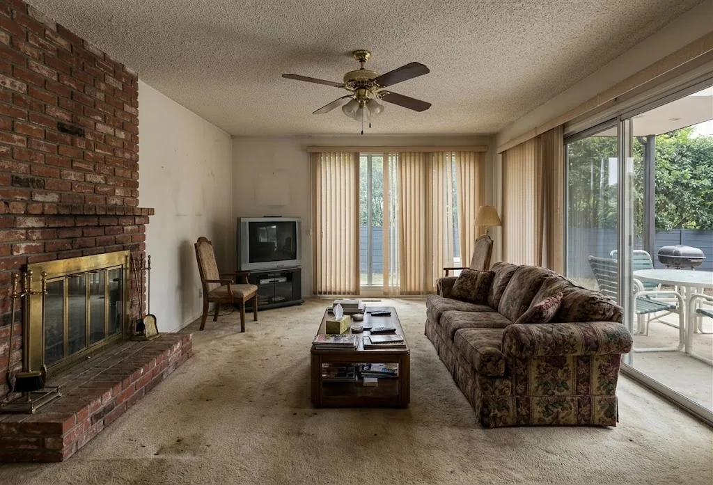 Original living room with brick fireplace and carpet